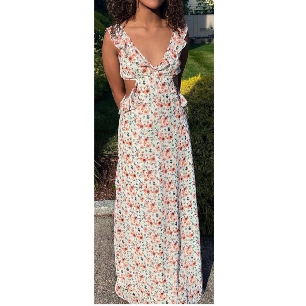 Altar'd State Floral Ruffle Cutout V-Neck/V-Back Split Hem Midi/Maxi Dress Large